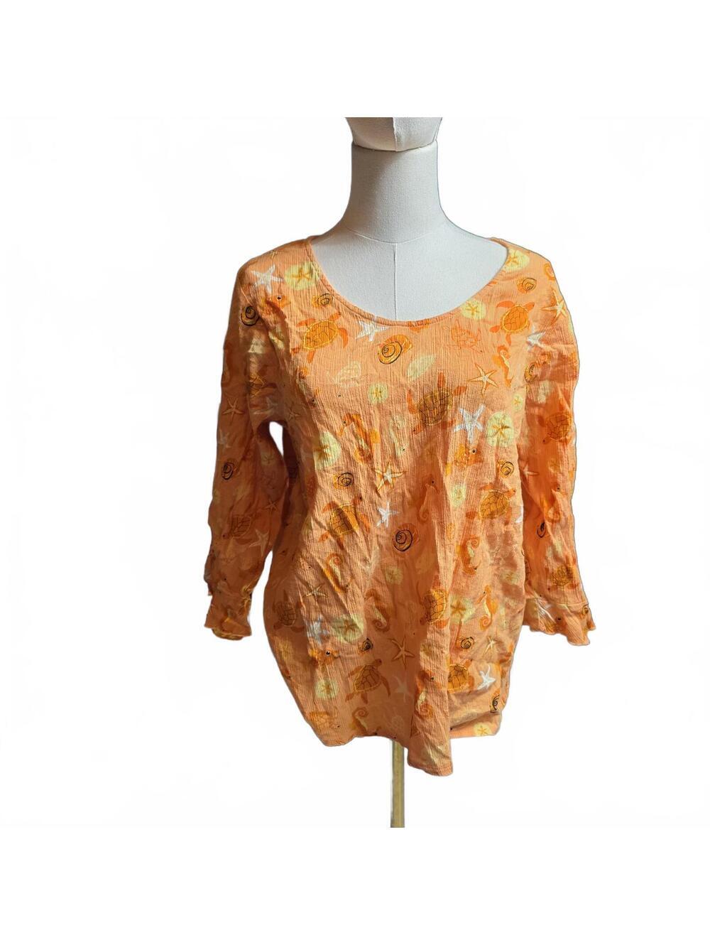 Sun Bay Ocean Sea Creature Orange Long Sleeve Summer Shirt Womens Size Medium